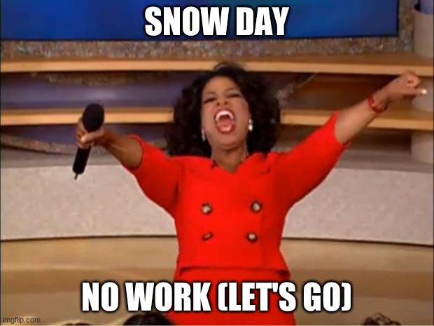 Snow day | SNOW DAY; NO WORK (LET'S GO) | image tagged in memes,oprah you get a,snow day | made w/ Imgflip meme maker