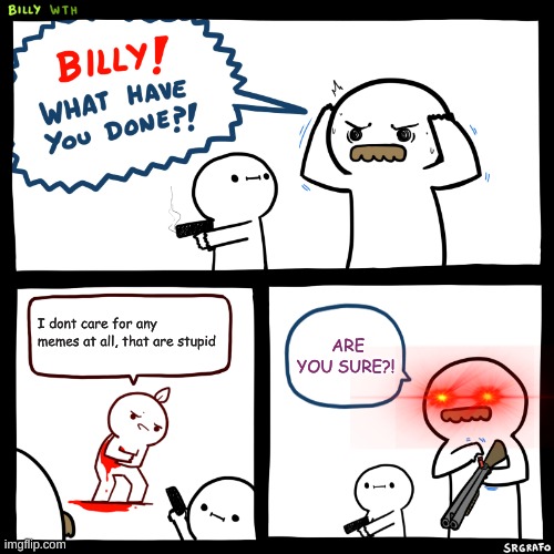 Billy, What Have You Done |  I dont care for any memes at all, that are stupid; ARE YOU SURE?! | image tagged in billy what have you done,funny memes | made w/ Imgflip meme maker
