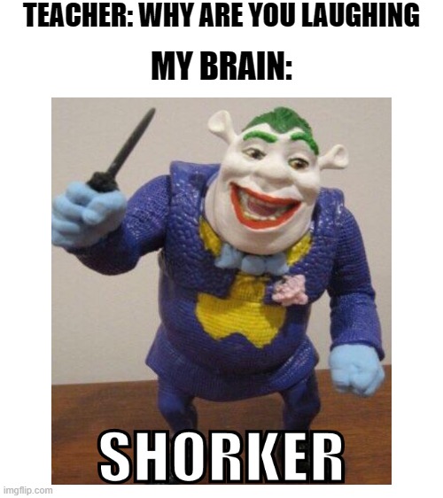 TEACHER: WHY ARE YOU LAUGHING; MY BRAIN: | image tagged in blank white template,shrek,joker,cursed image | made w/ Imgflip meme maker