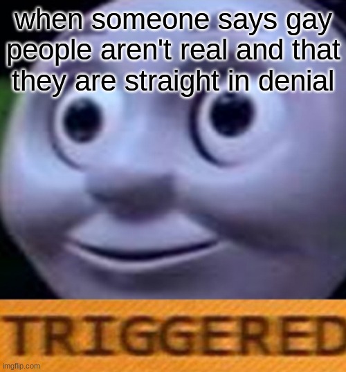 When someone say gay isn't real and it triggers you | when someone says gay people aren't real and that they are straight in denial | image tagged in triggered | made w/ Imgflip meme maker