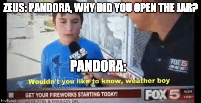 Wouldn't you like to know weather boy | ZEUS: PANDORA, WHY DID YOU OPEN THE JAR? PANDORA: | image tagged in wouldn't you like to know weather boy | made w/ Imgflip meme maker