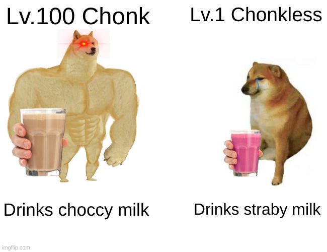 Buff Doge vs. Cheems | Lv.100 Chonk; Lv.1 Chonkless; Drinks choccy milk; Drinks straby milk | image tagged in memes,buff doge vs cheems | made w/ Imgflip meme maker