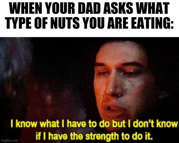 I know what I have to do but I don’t know if I have the strength | WHEN YOUR DAD ASKS WHAT TYPE OF NUTS YOU ARE EATING: | image tagged in i know what i have to do but i don t know if i have the strength | made w/ Imgflip meme maker