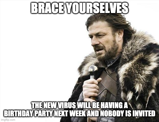 Brace Yourselves X is Coming Meme | BRACE YOURSELVES THE NEW VIRUS WILL BE HAVING A BIRTHDAY PARTY NEXT WEEK AND NOBODY IS INVITED | image tagged in memes,brace yourselves x is coming | made w/ Imgflip meme maker