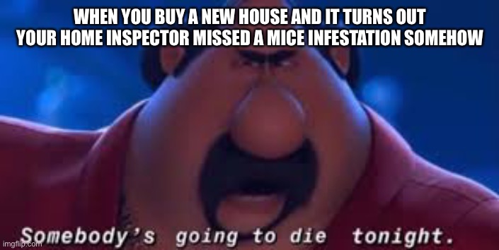 Somebody's Going To Die Tonight | WHEN YOU BUY A NEW HOUSE AND IT TURNS OUT YOUR HOME INSPECTOR MISSED A MICE INFESTATION SOMEHOW | image tagged in somebody's going to die tonight,memes | made w/ Imgflip meme maker