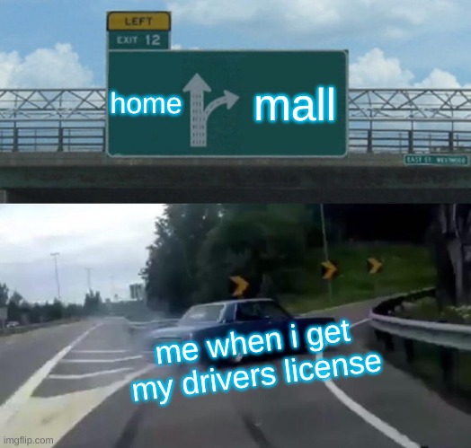 Left Exit 12 Off Ramp | home; mall; me when i get my drivers license | image tagged in memes,left exit 12 off ramp | made w/ Imgflip meme maker