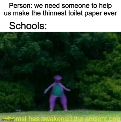 And this makes sense | Person: we need someone to help us make the thinnest toilet paper ever; Schools: | image tagged in whomst has awakened the ancient one | made w/ Imgflip meme maker