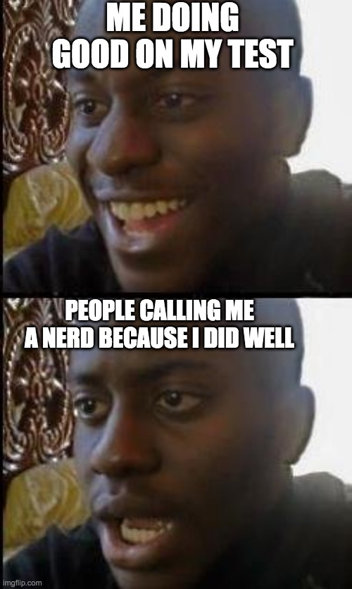 Sad                test | ME DOING GOOD ON MY TEST; PEOPLE CALLING ME A NERD BECAUSE I DID WELL | image tagged in disappointed black guy | made w/ Imgflip meme maker