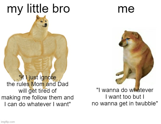 T^T (*cry*) | my little bro; me; "if I just ignore the rules Mom and Dad will get tired of making me follow them and I can do whatever I want"; "I wanna do whatever I want too but I no wanna get in twubble" | image tagged in memes,buff doge vs cheems | made w/ Imgflip meme maker