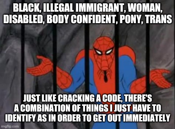 spiderman jail | BLACK, ILLEGAL IMMIGRANT, WOMAN, DISABLED, BODY CONFIDENT, PONY, TRANS; JUST LIKE CRACKING A CODE, THERE'S A COMBINATION OF THINGS I JUST HAVE TO IDENTIFY AS IN ORDER TO GET OUT IMMEDIATELY | image tagged in spiderman jail | made w/ Imgflip meme maker