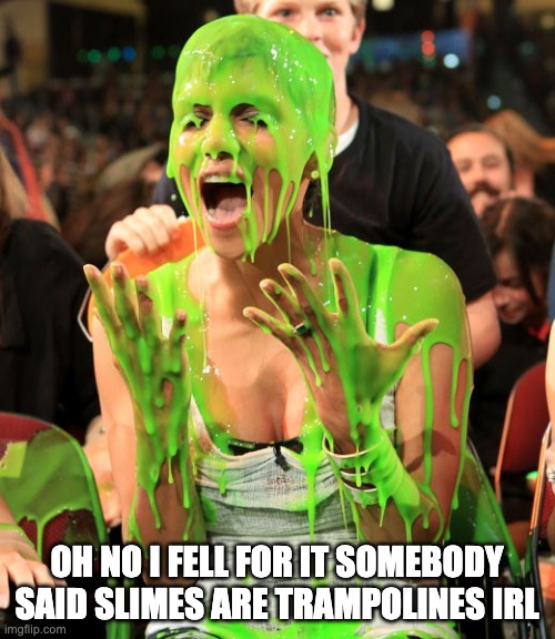 slimed | OH NO I FELL FOR IT SOMEBODY SAID SLIMES ARE TRAMPOLINES IRL | image tagged in slimed | made w/ Imgflip meme maker
