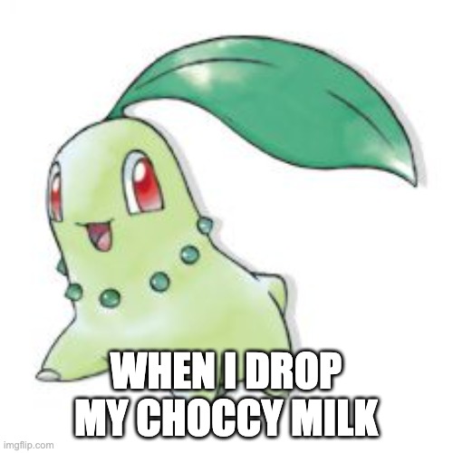 Chikorita | WHEN I DROP MY CHOCCY MILK | image tagged in chikorita | made w/ Imgflip meme maker