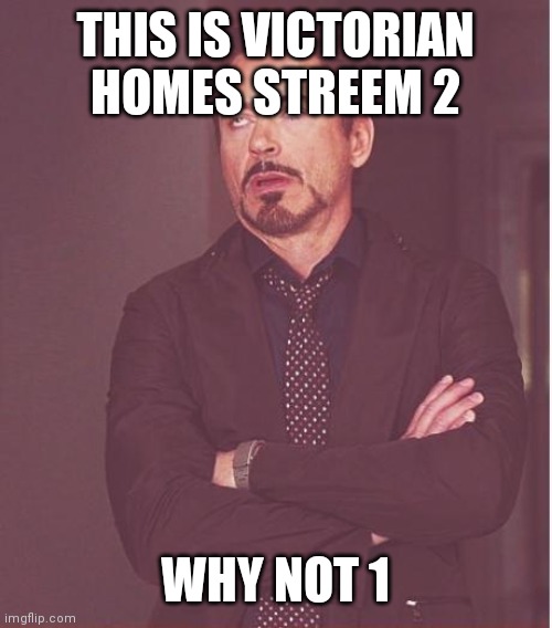 Face You Make Robert Downey Jr Meme | THIS IS VICTORIAN HOMES STREEM 2; WHY NOT 1 | image tagged in memes,face you make robert downey jr | made w/ Imgflip meme maker