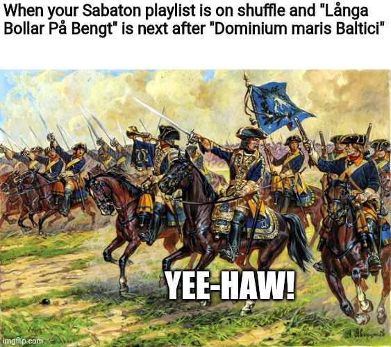 Goodbye Evil Metal God, hello Random Number God. | When your Sabaton playlist is on shuffle and "Långa Bollar På Bengt" is next after "Dominium maris Baltici"; YEE-HAW! | image tagged in sabaton,heavy metal,music | made w/ Imgflip meme maker