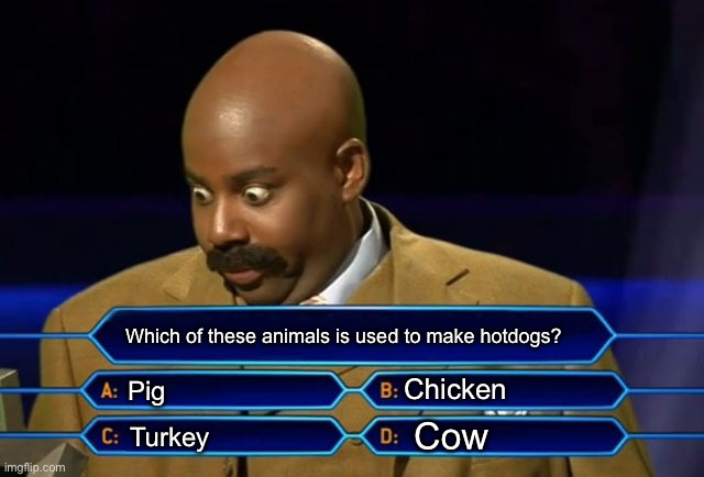 Who wants to be a millionaire? | Which of these animals is used to make hotdogs? Chicken; Pig; Cow; Turkey | image tagged in memes,who wants to be a millionaire | made w/ Imgflip meme maker