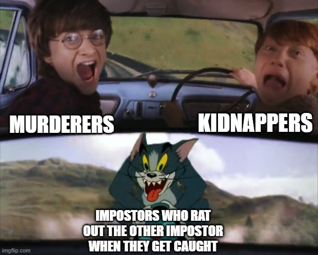 Tom chasing Harry and Ron Weasly | KIDNAPPERS; MURDERERS; IMPOSTORS WHO RAT OUT THE OTHER IMPOSTOR WHEN THEY GET CAUGHT | image tagged in tom chasing harry and ron weasly | made w/ Imgflip meme maker
