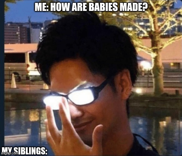 Moms | ME: HOW ARE BABIES MADE? MY SIBLINGS: | image tagged in anime glasses | made w/ Imgflip meme maker