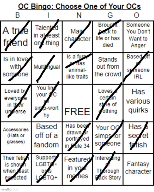 I'll give two hints. 1. You have to survive five nights in the game they are from. 2. Her animatronics color is golden. | image tagged in jer-sama's oc bingo | made w/ Imgflip meme maker