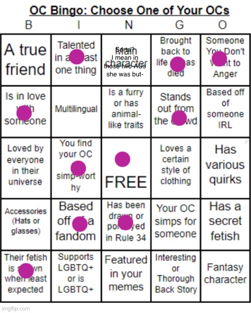 *shrug* | Sorta? I mean in those two AUs she was but- | image tagged in jer-sama's oc bingo | made w/ Imgflip meme maker