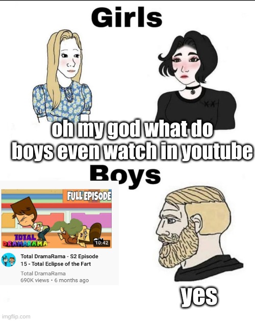 WHEEZE | oh my god what do boys even watch in youtube; yes | image tagged in girls and boys conversation | made w/ Imgflip meme maker