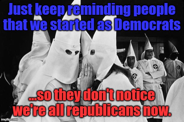 A gradual shift during the 20th century | Just keep reminding people that we started as Democrats; ...so they don't notice we're all republicans now. | image tagged in kkk whispering,republican party,deception,history | made w/ Imgflip meme maker