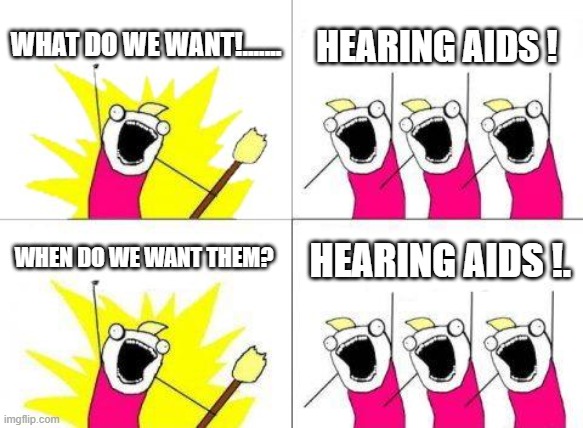 What Do We Want Meme | WHAT DO WE WANT!....... HEARING AIDS ! WHEN DO WE WANT THEM? HEARING AIDS !. | image tagged in memes,what do we want | made w/ Imgflip meme maker