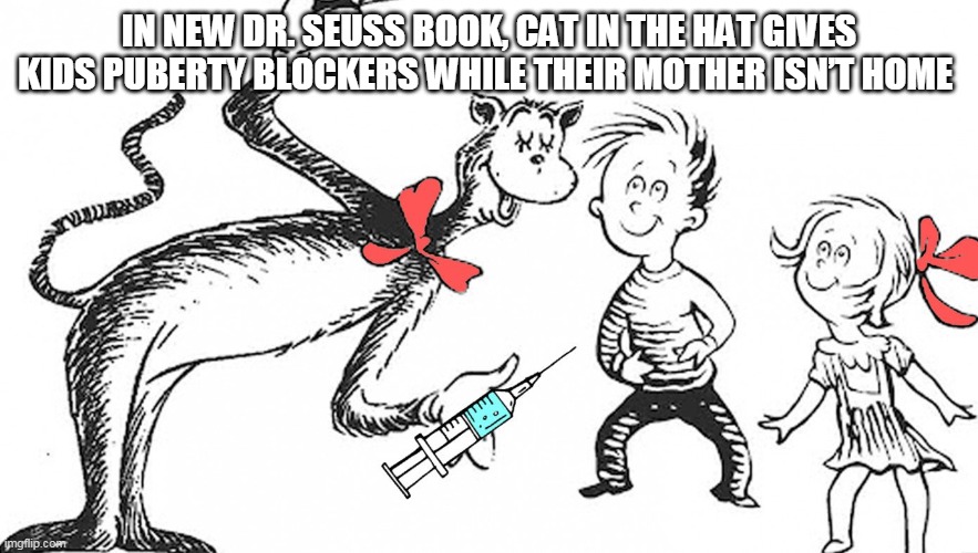Doctor Seuss | IN NEW DR. SEUSS BOOK, CAT IN THE HAT GIVES KIDS PUBERTY BLOCKERS WHILE THEIR MOTHER ISN’T HOME | image tagged in memes | made w/ Imgflip meme maker