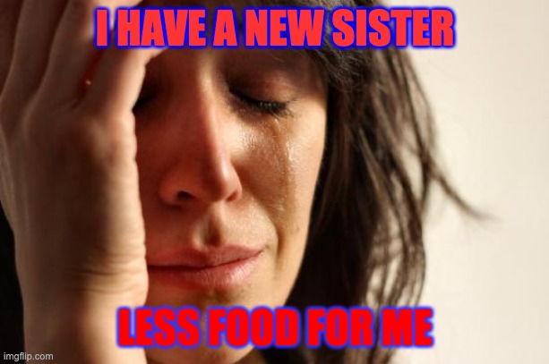 First World Problems Meme | I HAVE A NEW SISTER LESS FOOD FOR ME | image tagged in memes,first world problems | made w/ Imgflip meme maker