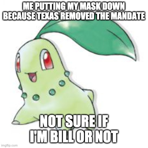 Chikorita | ME PUTTING MY MASK DOWN BECAUSE TEXAS REMOVED THE MANDATE NOT SURE IF I'M BILL OR NOT | image tagged in chikorita | made w/ Imgflip meme maker