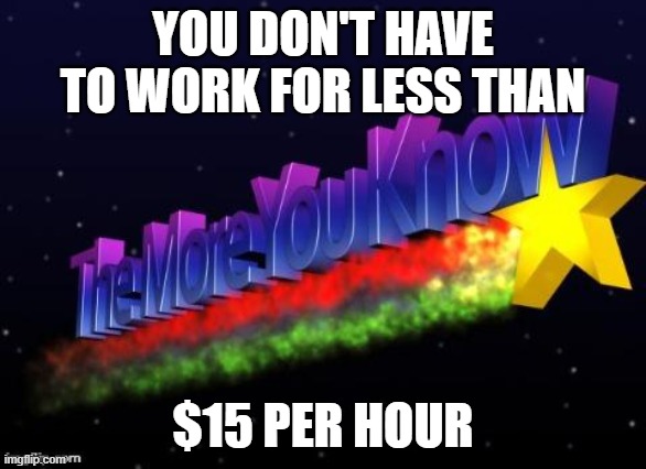 the more you know | YOU DON'T HAVE TO WORK FOR LESS THAN; $15 PER HOUR | image tagged in the more you know | made w/ Imgflip meme maker