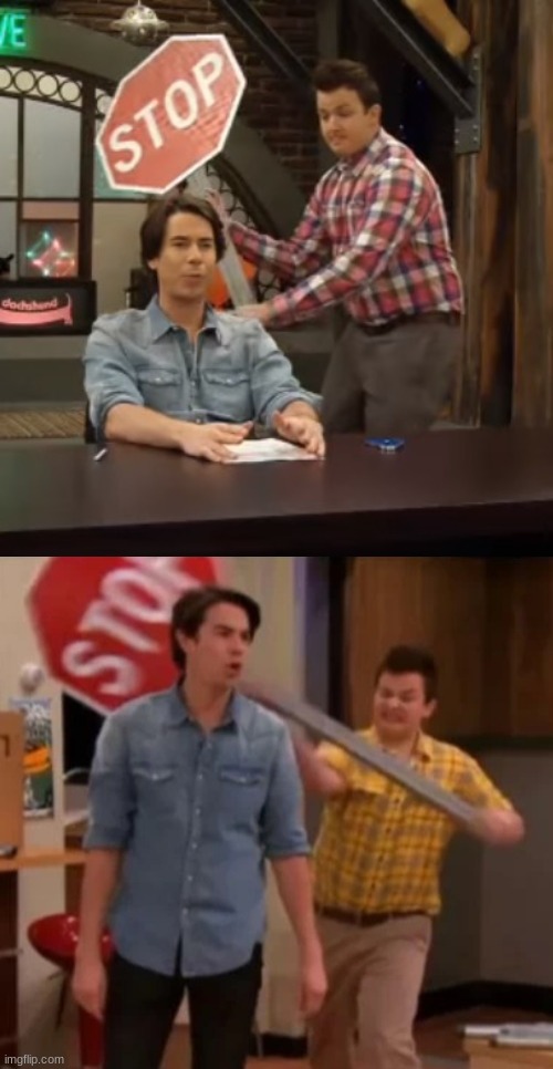 image tagged in icarly,gibby hitting spencer with a stop sign | made w/ Imgflip meme maker