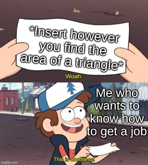 Math is useless! | *Insert however you find the area of a triangle*; Me who wants to know how to get a job | image tagged in this is useless | made w/ Imgflip meme maker