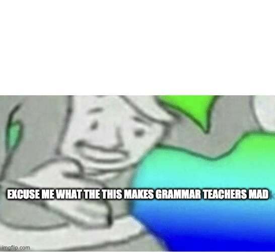 Excuse me wtf blank template | EXCUSE ME WHAT THE THIS MAKES GRAMMAR TEACHERS MAD | image tagged in excuse me wtf blank template | made w/ Imgflip meme maker