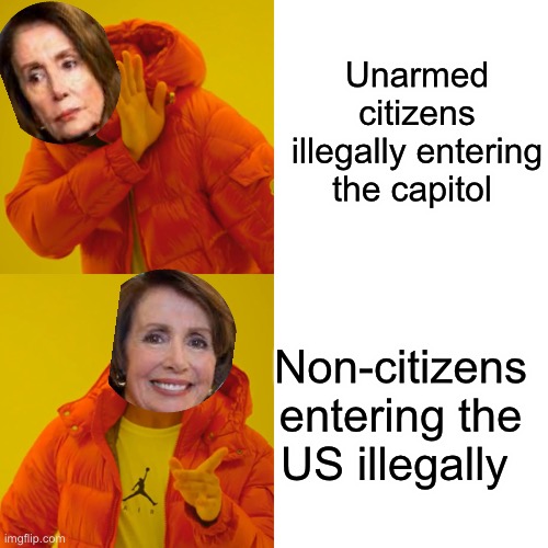Screw the border states |  Unarmed citizens illegally entering the capitol; Non-citizens  entering the US illegally | image tagged in memes,drake hotline bling,nancy pelosi,american politics,immigration | made w/ Imgflip meme maker