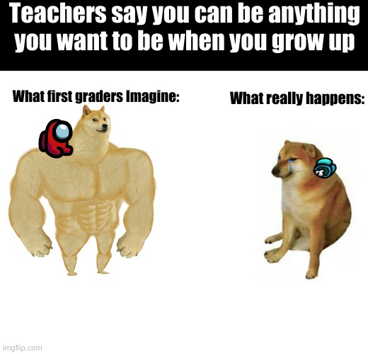 Buff Doge vs. Cheems | Teachers say you can be anything you want to be when you grow up; What really happens:; What first graders Imagine: | image tagged in memes,buff doge vs cheems | made w/ Imgflip meme maker