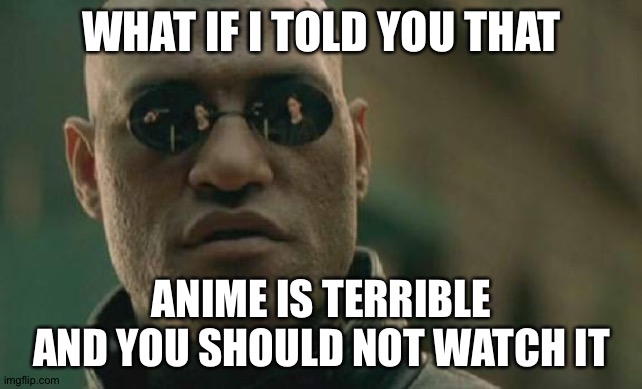 no anime | WHAT IF I TOLD YOU THAT; ANIME IS TERRIBLE AND YOU SHOULD NOT WATCH IT | image tagged in memes,matrix morpheus | made w/ Imgflip meme maker