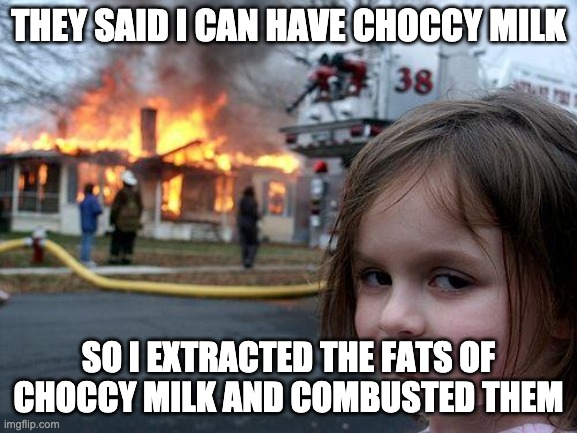 Disaster Girl Meme | THEY SAID I CAN HAVE CHOCCY MILK SO I EXTRACTED THE FATS OF CHOCCY MILK AND COMBUSTED THEM | image tagged in memes,disaster girl | made w/ Imgflip meme maker
