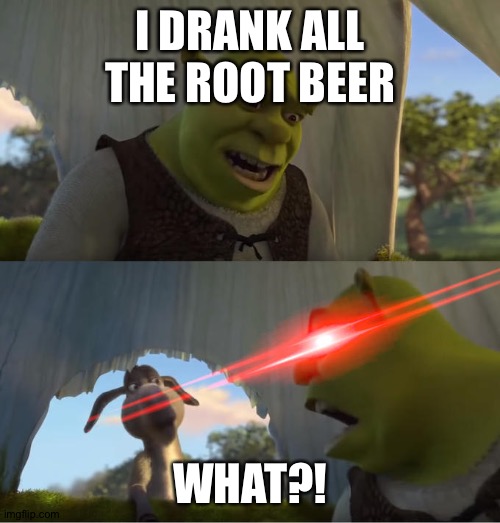 Shrek For Five Minutes | I DRANK ALL THE ROOT BEER; WHAT?! | image tagged in shrek for five minutes | made w/ Imgflip meme maker