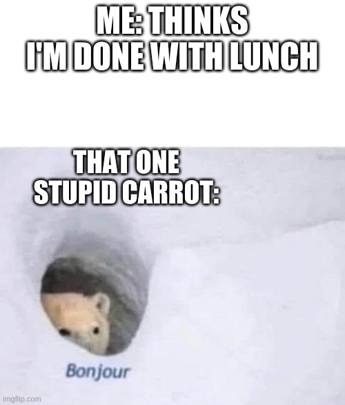 lol | ME: THINKS I'M DONE WITH LUNCH; THAT ONE STUPID CARROT: | image tagged in bonjour | made w/ Imgflip meme maker