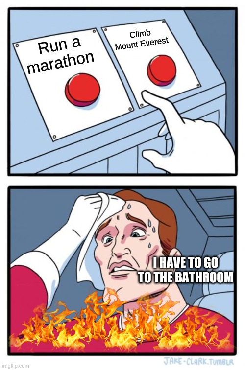 "i made this up on lunch break"? |  Climb Mount Everest; Run a marathon; I HAVE TO GO TO THE BATHROOM | image tagged in memes,two buttons | made w/ Imgflip meme maker