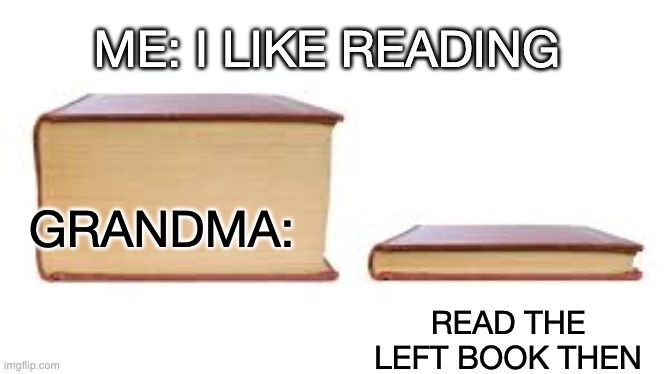 Big book small book | GRANDMA: READ THE LEFT BOOK THEN ME: I LIKE READING | image tagged in big book small book | made w/ Imgflip meme maker