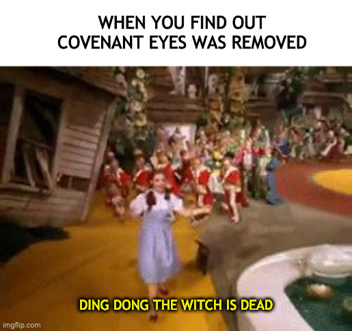 you know it | WHEN YOU FIND OUT COVENANT EYES WAS REMOVED; DING DONG THE WITCH IS DEAD | image tagged in ding dong the witch is dead,filters,help,yes | made w/ Imgflip meme maker