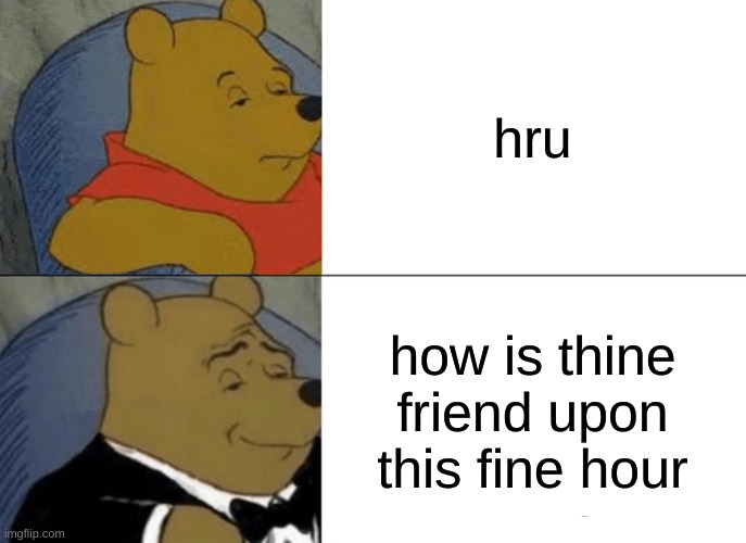 Which one would you choose? | hru; how is thine friend upon this fine hour | image tagged in memes,tuxedo winnie the pooh,fun,fuuny,funny meme,funny memes | made w/ Imgflip meme maker