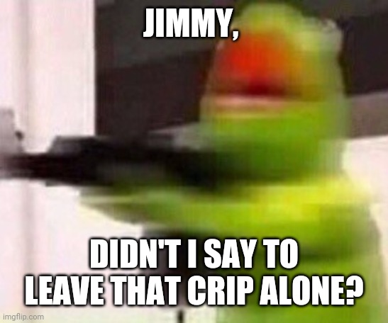 school shooter (muppet) | JIMMY, DIDN'T I SAY TO LEAVE THAT CRIP ALONE? | image tagged in school shooter muppet | made w/ Imgflip meme maker