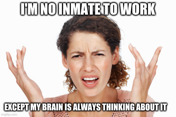 Indignant | I'M NO INMATE TO WORK; EXCEPT MY BRAIN IS ALWAYS THINKING ABOUT IT | image tagged in indignant | made w/ Imgflip meme maker