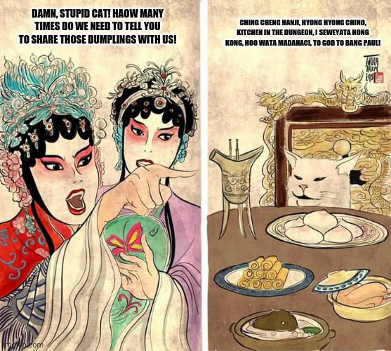 Chinese cat meme | DAMN, STUPID CAT! HAOW MANY TIMES DO WE NEED TO TELL YOU TO SHARE THOSE DUMPLINGS WITH US! CHING CHENG HANJI, HYONG HYONG CHINO, KITCHEN IN THE DUNGEON, I SEWEYATA HONG KONG, HOO WATA MADAHACI, TO GOD TO BANG PAUL! | image tagged in memes,autistic screeching,cute cat | made w/ Imgflip meme maker