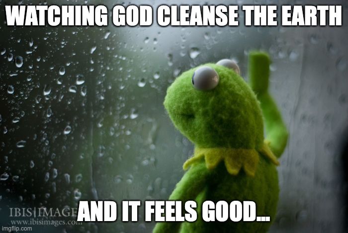 kermit window | WATCHING GOD CLEANSE THE EARTH; AND IT FEELS GOOD... | image tagged in kermit window | made w/ Imgflip meme maker