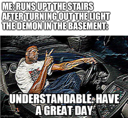 Understandable. Have a great day. | ME: RUNS UPT THE STAIRS AFTER TURNING OUT THE LIGHT
THE DEMON IN THE BASEMENT: | image tagged in understandable have a great day,memes | made w/ Imgflip meme maker