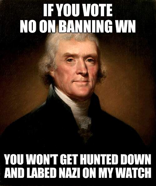 So don't worry about the way you vote | IF YOU VOTE NO ON BANNING WN; YOU WON'T GET HUNTED DOWN AND LABED NAZI ON MY WATCH | image tagged in thomas jefferson,vote | made w/ Imgflip meme maker