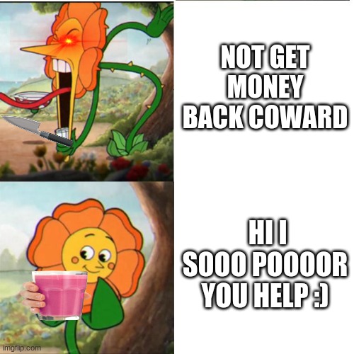 dont fall for  this scam |  NOT GET MONEY BACK COWARD; HI I SOOO POOOOR YOU HELP :) | image tagged in cuphead flower | made w/ Imgflip meme maker